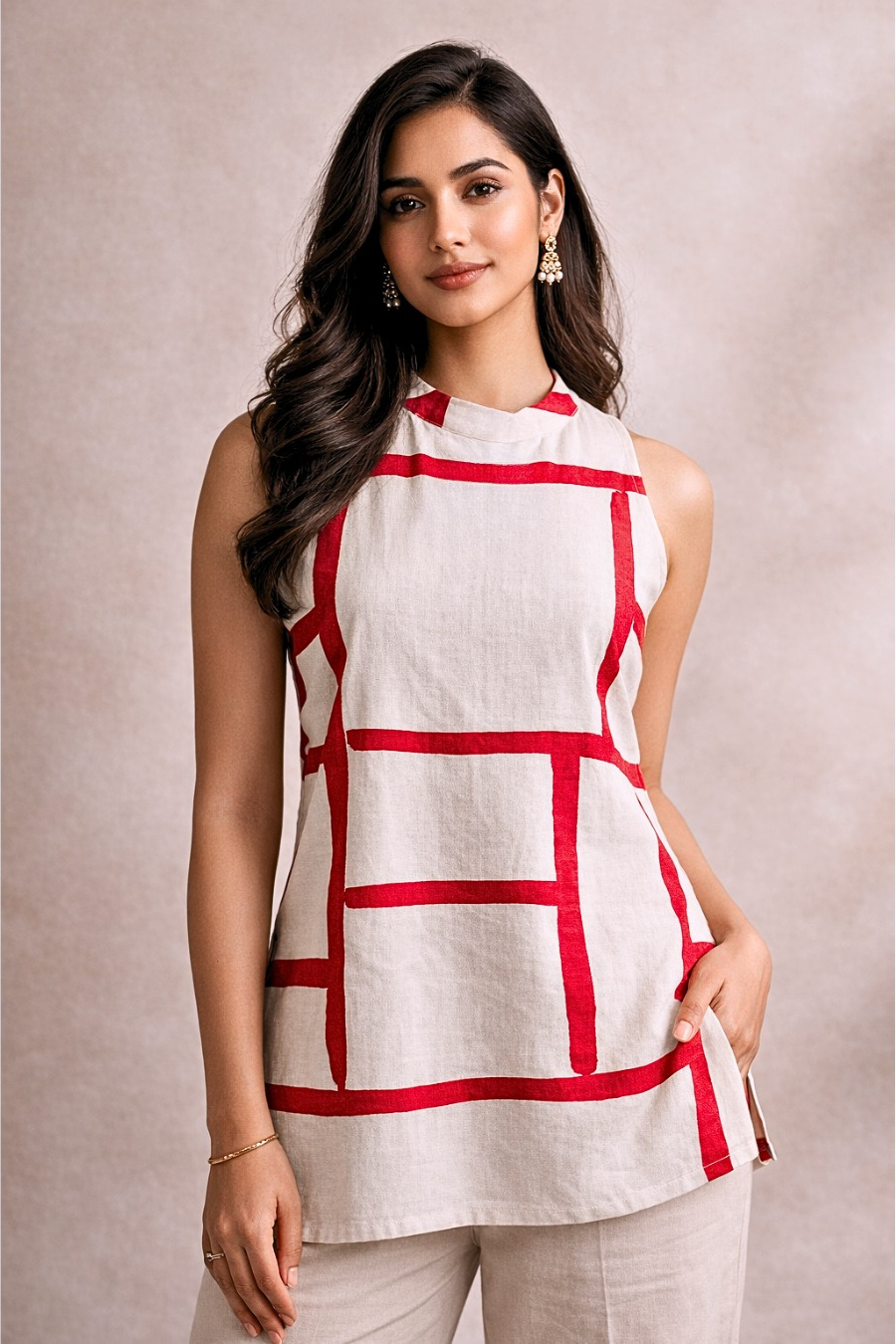 Beige Red Geometric Print Sleeveless Kurti Top