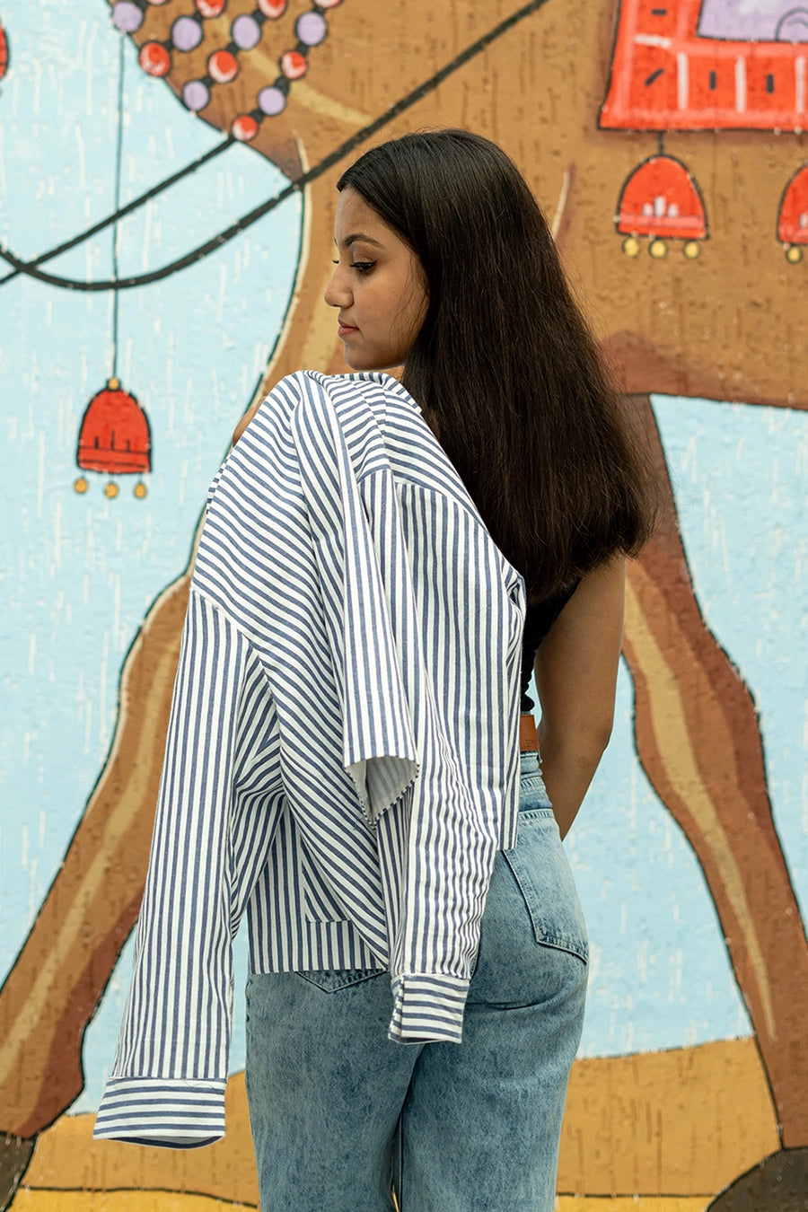 Blue & White Striped Cotton Casual Jacket