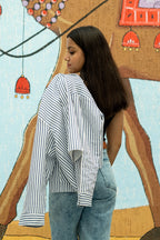 Blue & White Striped Cotton Casual Jacket