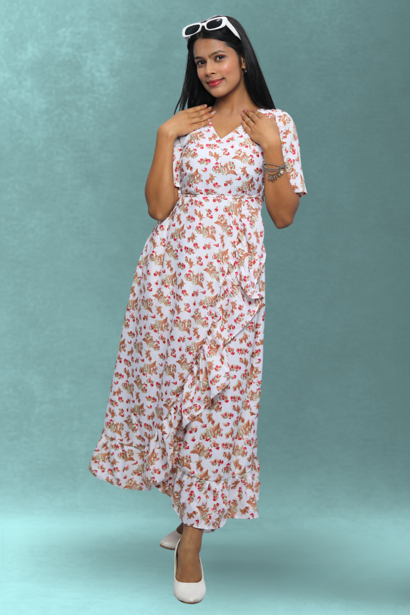 White Floral Printed Wrap Style Midi Dress for Women