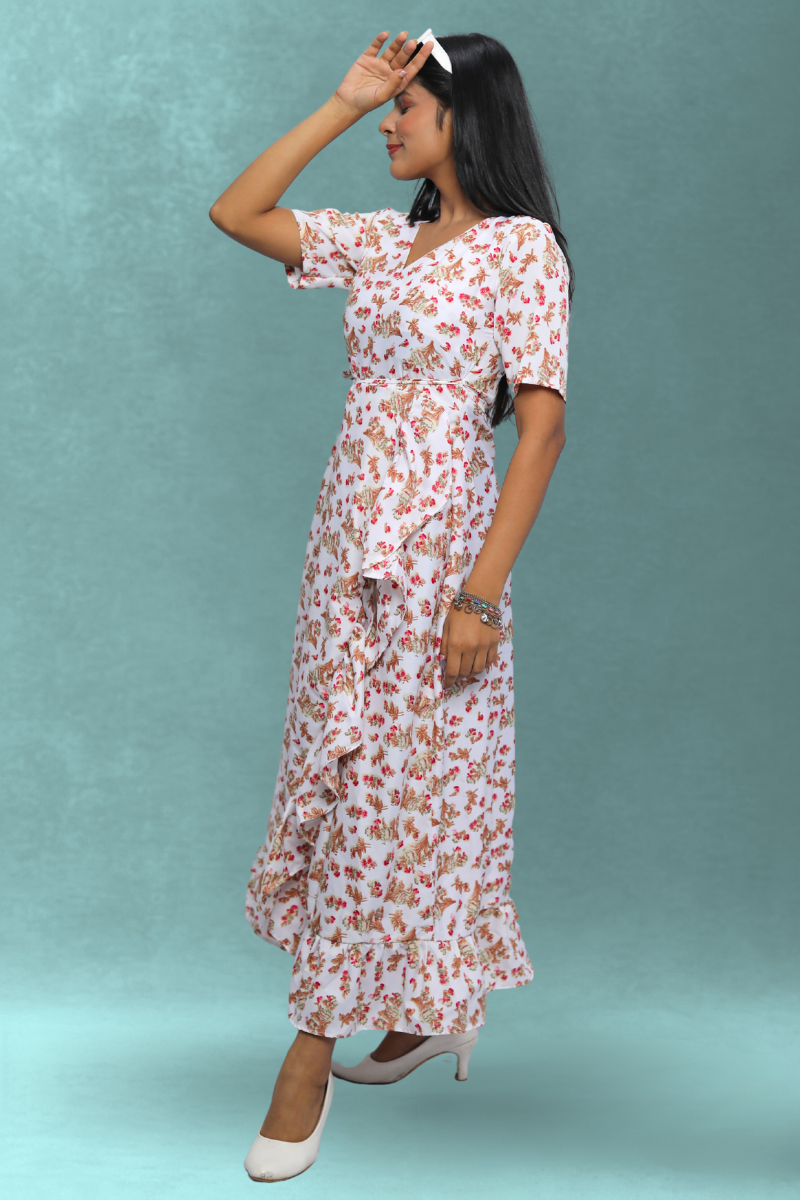 White Floral Printed Wrap Style Midi Dress for Women