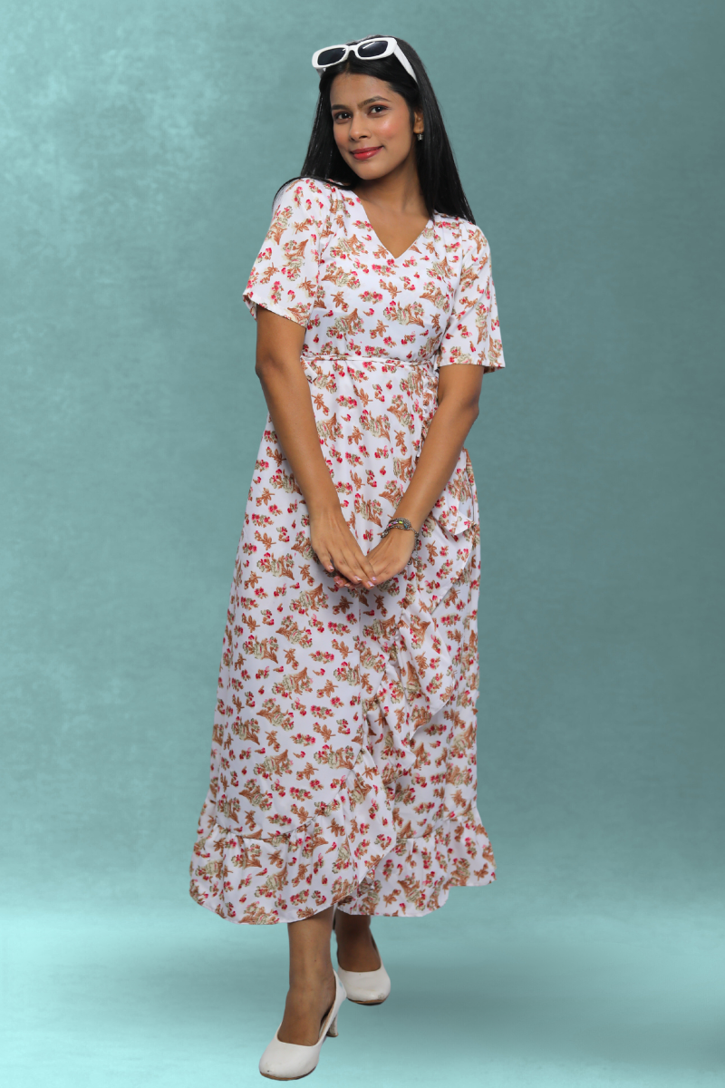 White Floral Printed Wrap Style Midi Dress for Women
