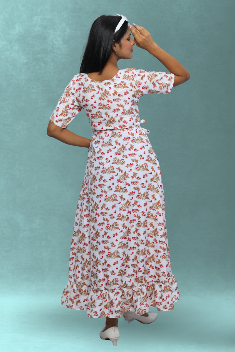 White Floral Printed Wrap Style Midi Dress for Women