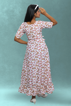 White Floral Printed Wrap Style Midi Dress for Women