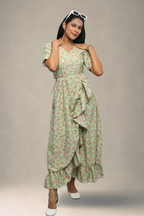 White Floral Printed Wrap Style Midi Dress for Women