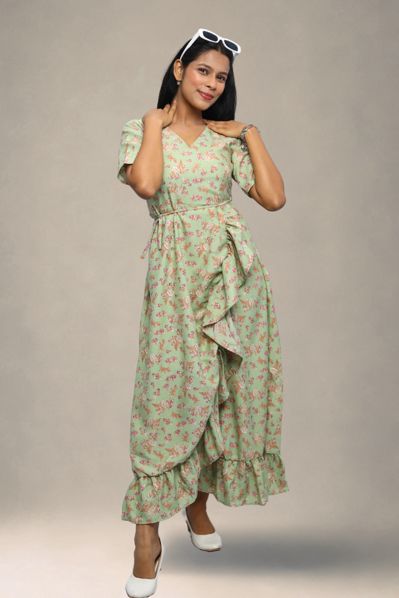 White Floral Printed Wrap Style Midi Dress for Women