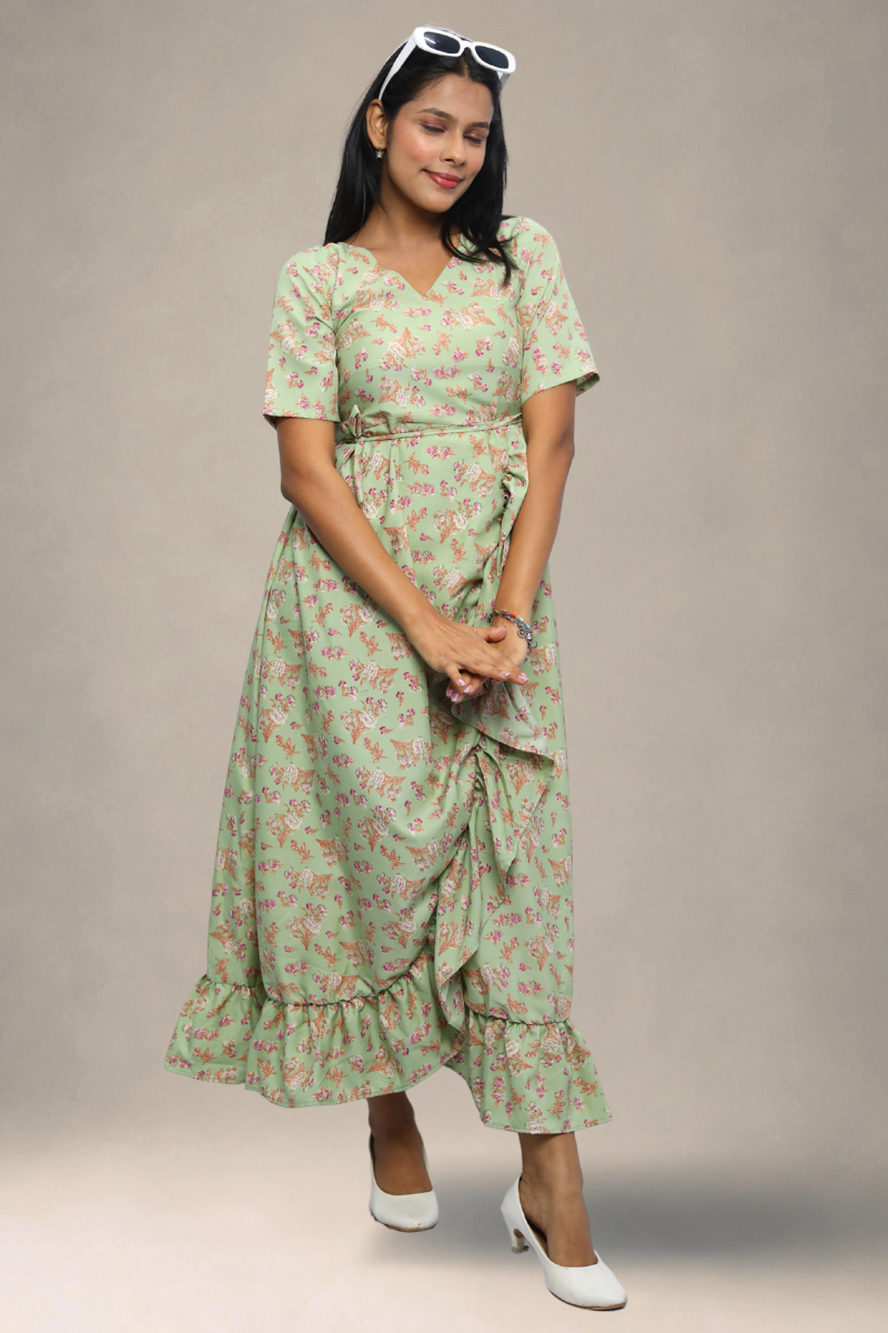 White Floral Printed Wrap Style Midi Dress for Women