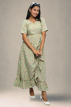 White Floral Printed Wrap Style Midi Dress for Women