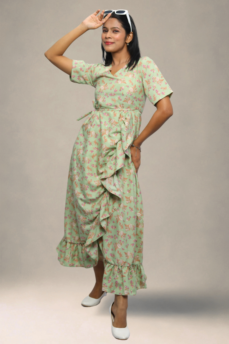 White Floral Printed Wrap Style Midi Dress for Women
