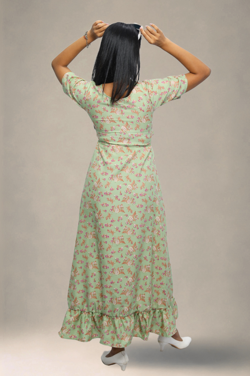 White Floral Printed Wrap Style Midi Dress for Women