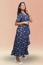 White Floral Printed Wrap Style Midi Dress for Women