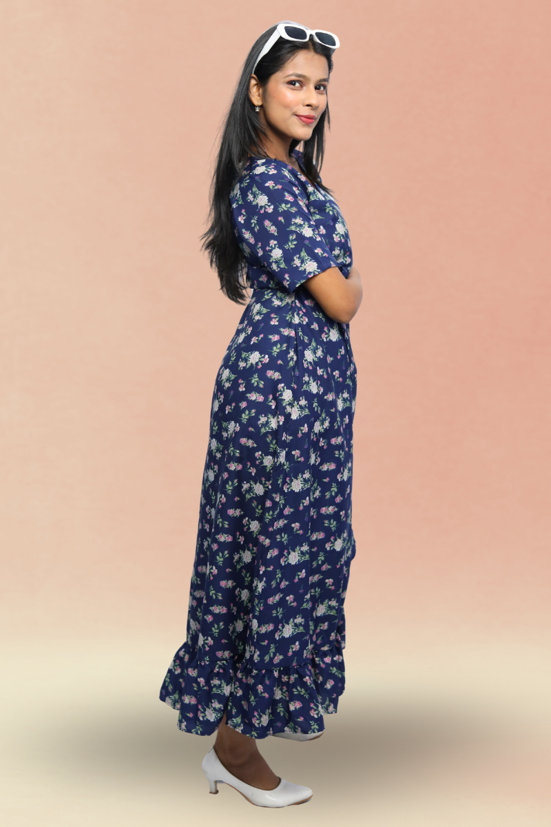 White Floral Printed Wrap Style Midi Dress for Women