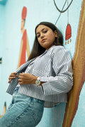 Blue & White Striped Cotton Casual Jacket