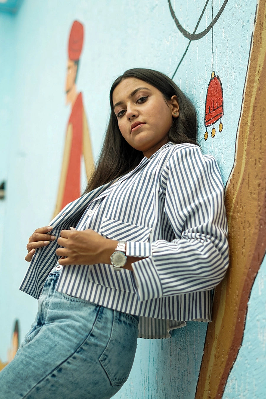Blue & White Striped Cotton Casual Jacket