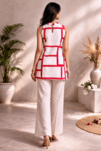 Beige Red Geometric Print Sleeveless Kurti Top