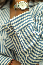 Blue & White Striped Cotton Casual Jacket