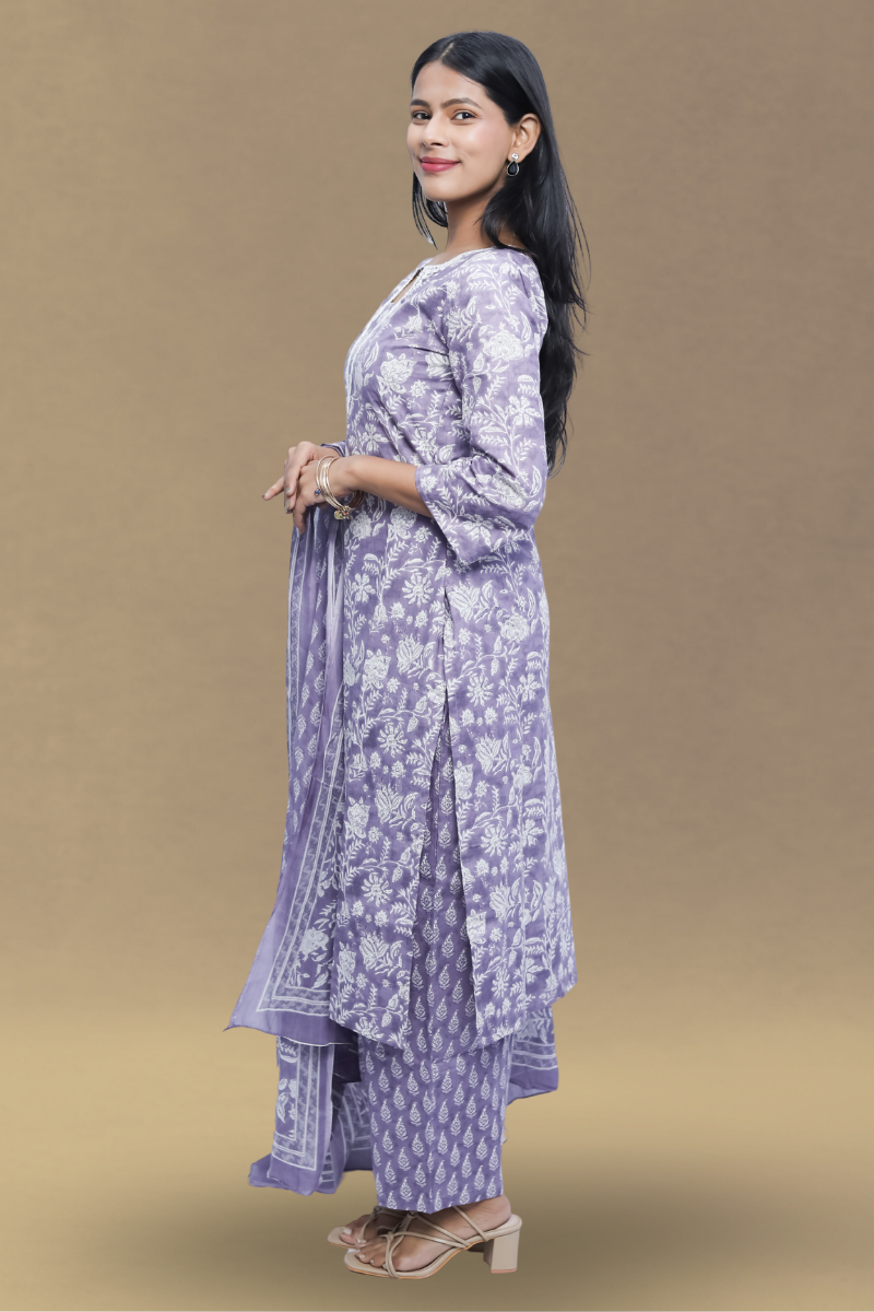 Lavender Printed Kurta Set with Dupatta