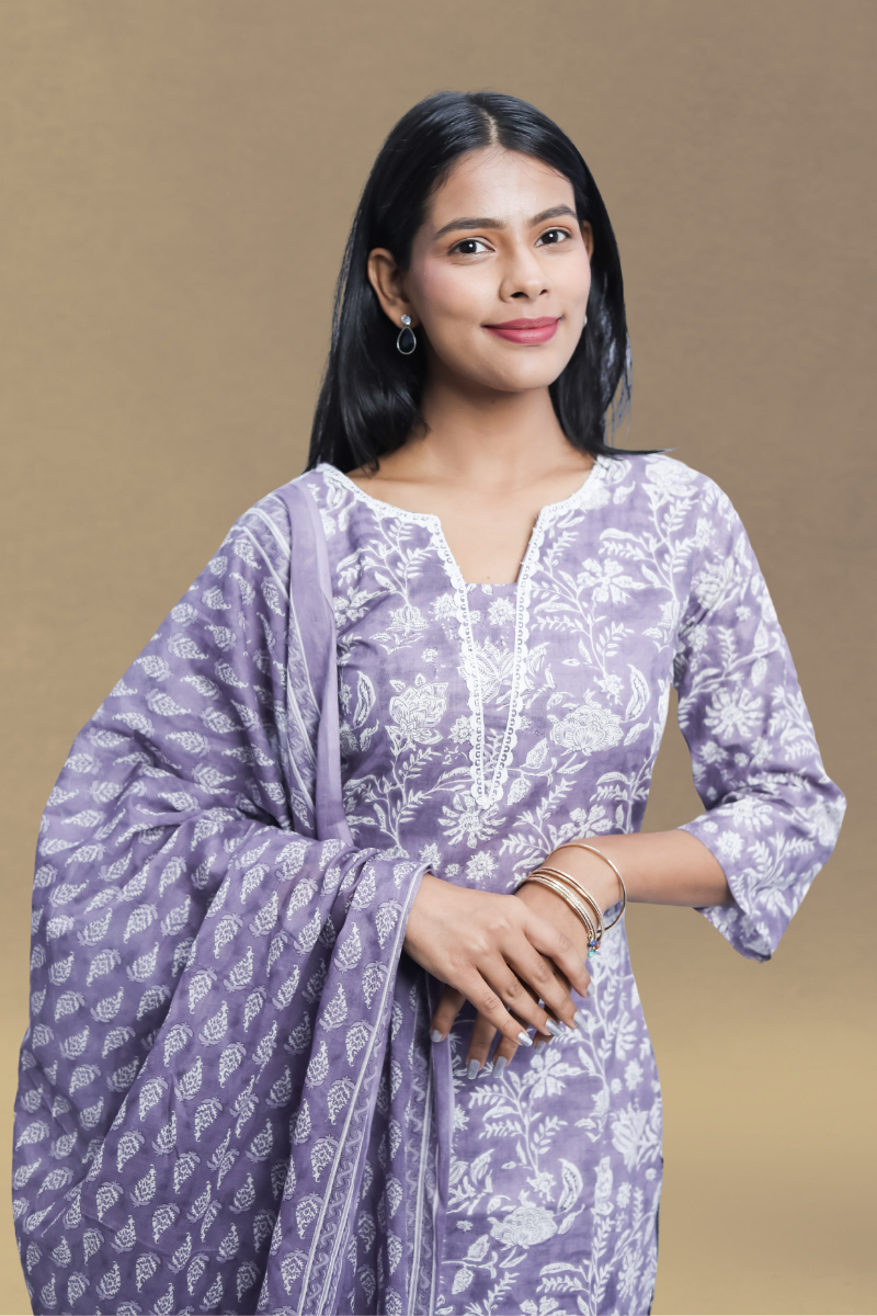 Lavender Printed Kurta Set with Dupatta