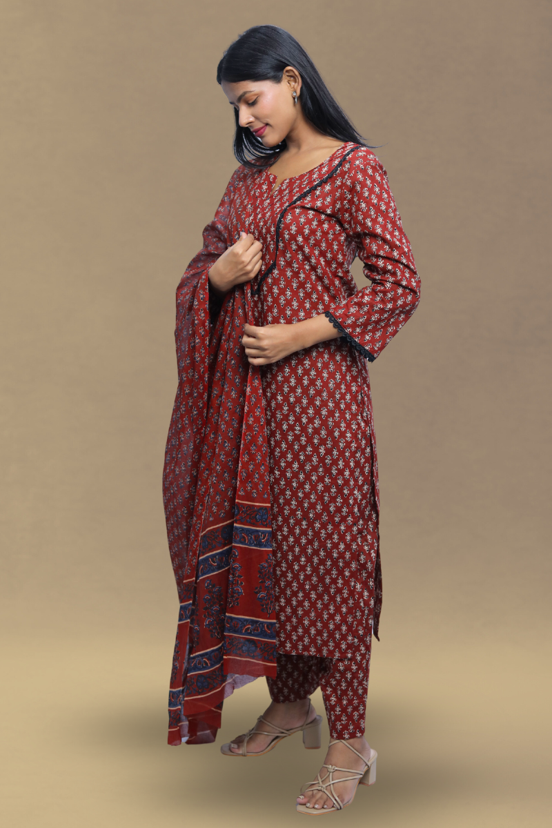 Red Printed Kurta Set with Dupatta