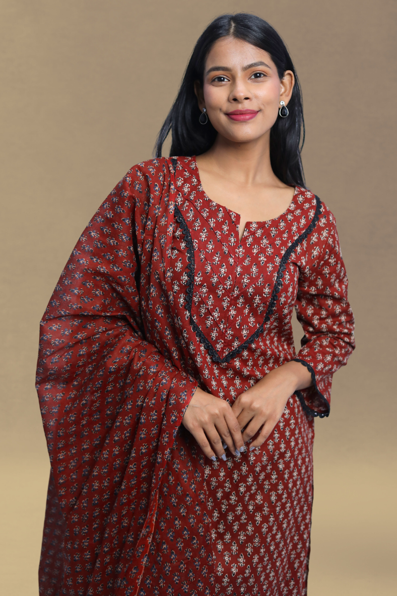 Red Printed Kurta Set with Dupatta