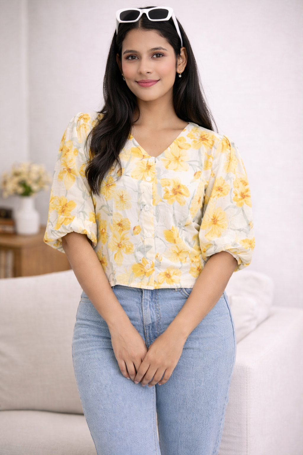 Yellow Floral Printed Puff Sleeve Cotton Top for Women