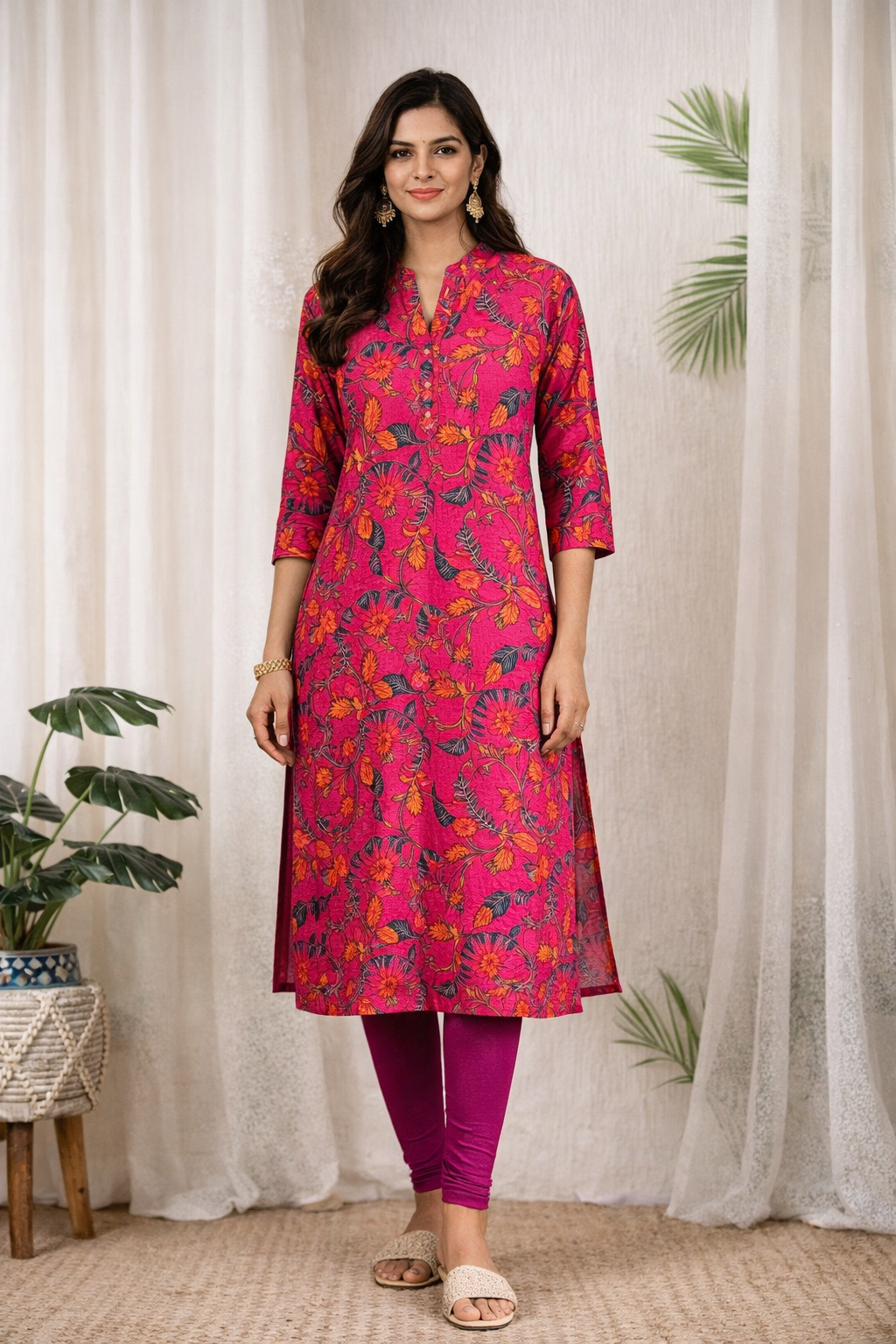 Pink Floral Printed Long Kurti for Women – Straight Fit Ethnic Wear