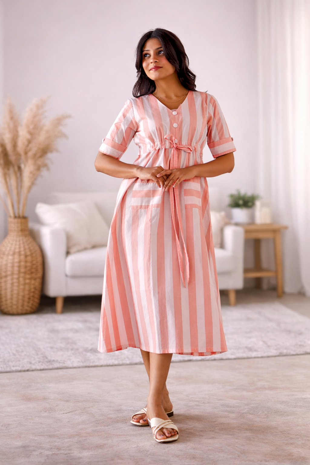 Peach Striped Cotton Midi Dress with Waist Tie-Up