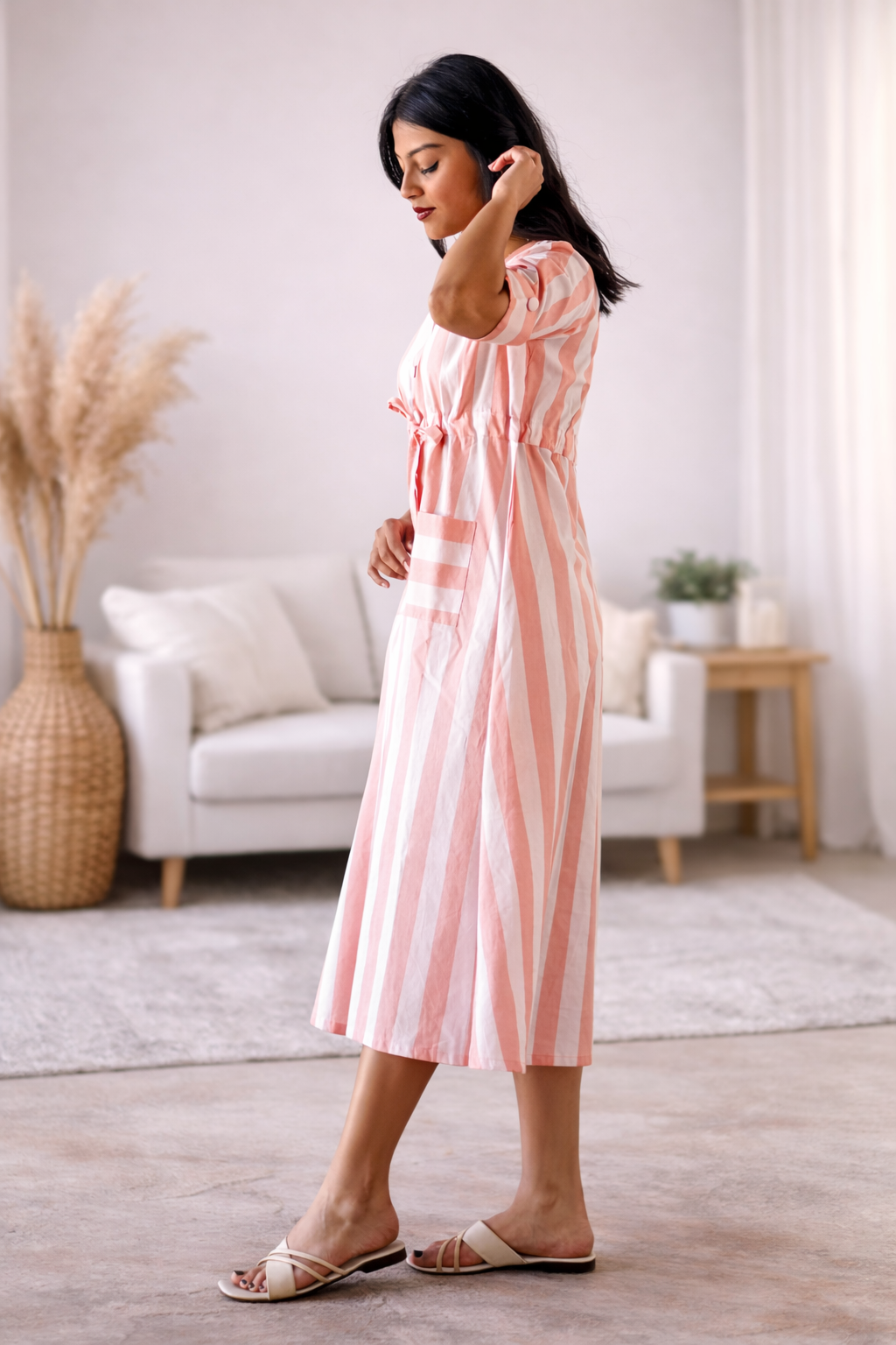 Peach Striped Cotton Midi Dress with Waist Tie-Up