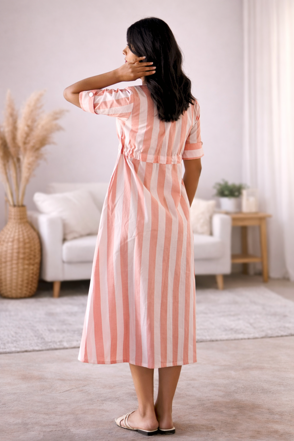 Peach Striped Cotton Midi Dress with Waist Tie-Up