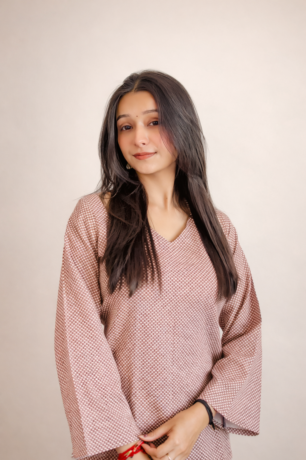 Brown V-Neck Bell Sleeve Top for Women