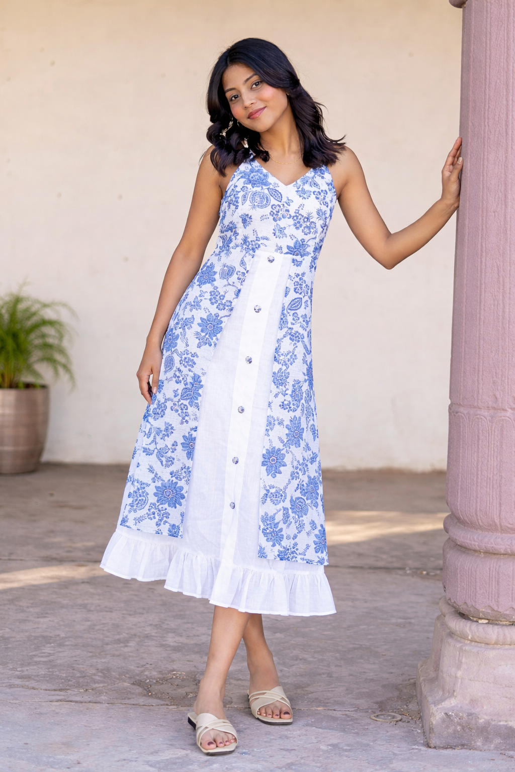 Blue & White Floral A-Line Midi Dress