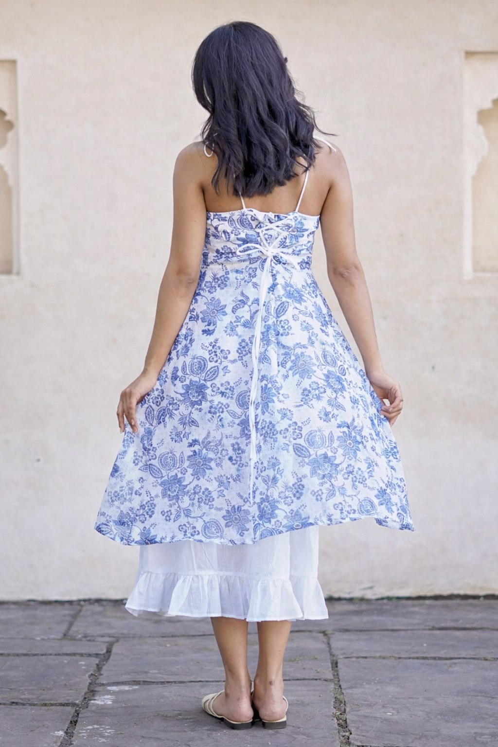 Blue & White Floral A-Line Midi Dress