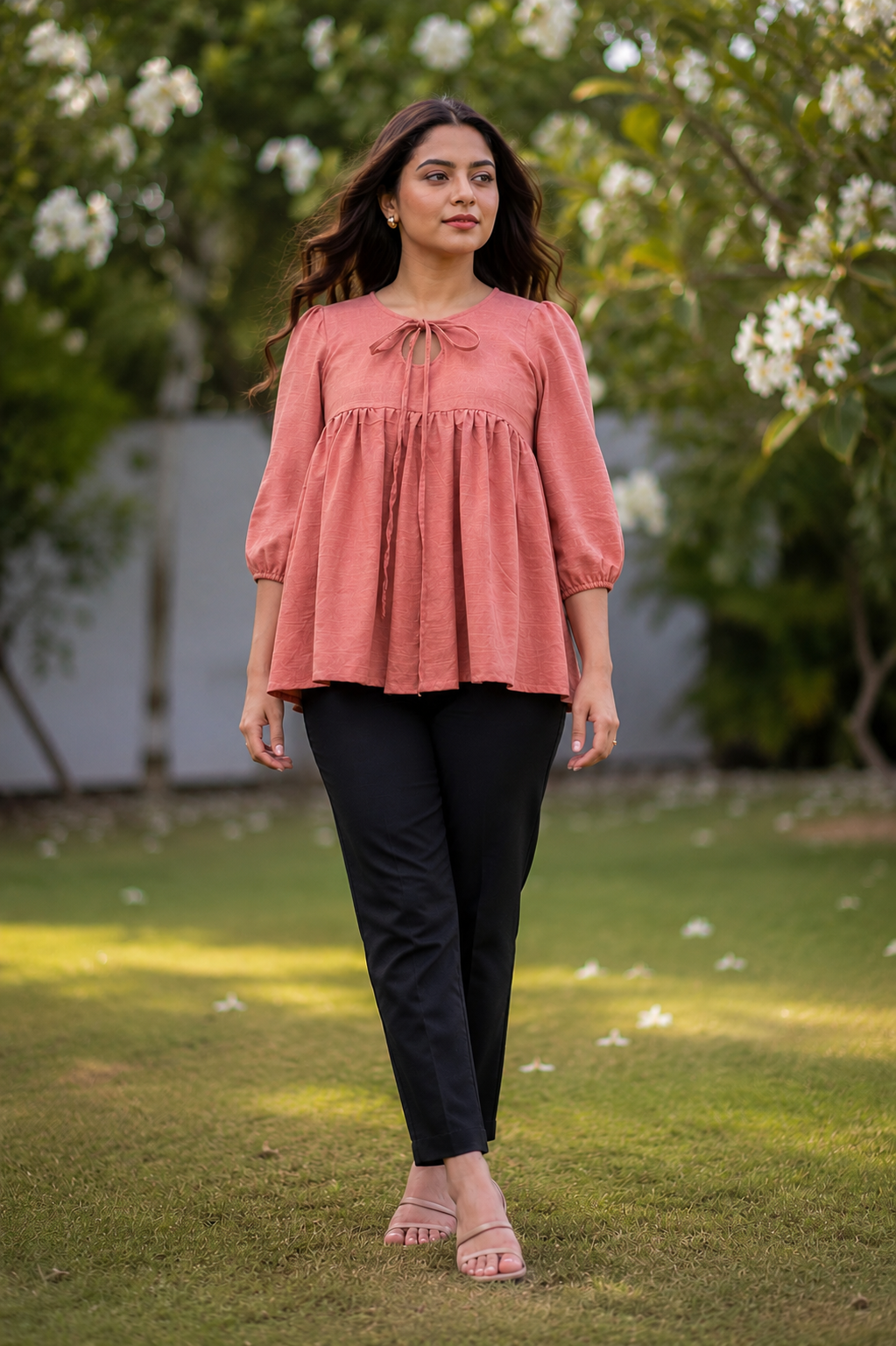 avAraNIya® Dusky Rose Gathered Peplum Top for Women | Elegant Casual Wear