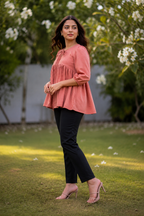 avAraNIya® Dusky Rose Gathered Peplum Top for Women | Elegant Casual Wear