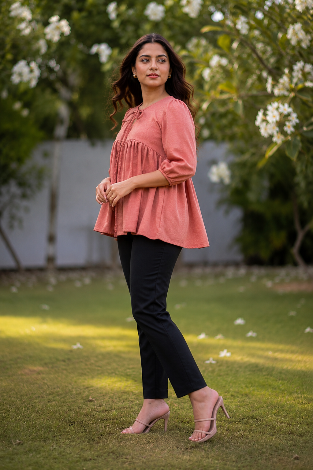 avAraNIya® Dusky Rose Gathered Peplum Top for Women | Elegant Casual Wear