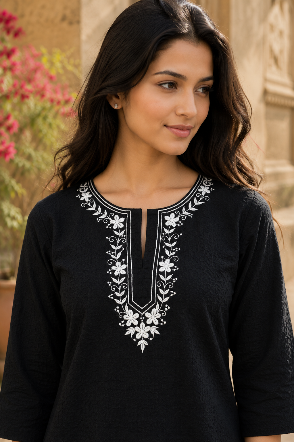 avAraNIya® Black Lightweight Cotton Short Kurti with Embroidered Neckline