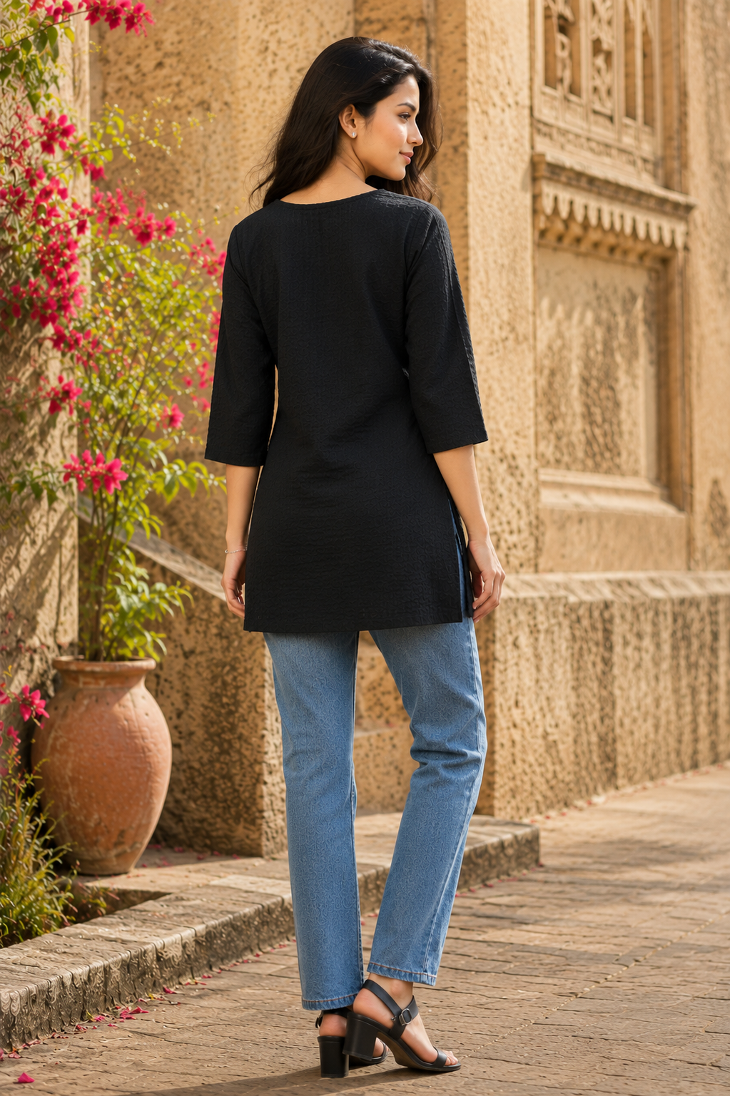 avAraNIya® Black Lightweight Cotton Short Kurti with Embroidered Neckline