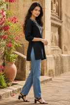 avAraNIya® Black Lightweight Cotton Short Kurti with Embroidered Neckline