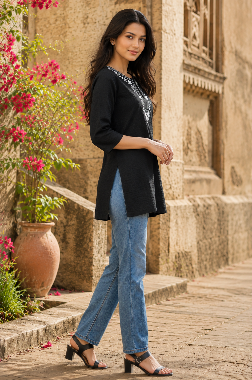 avAraNIya® Black Lightweight Cotton Short Kurti with Embroidered Neckline