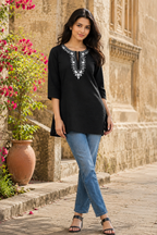 avAraNIya® Black Lightweight Cotton Short Kurti with Embroidered Neckline