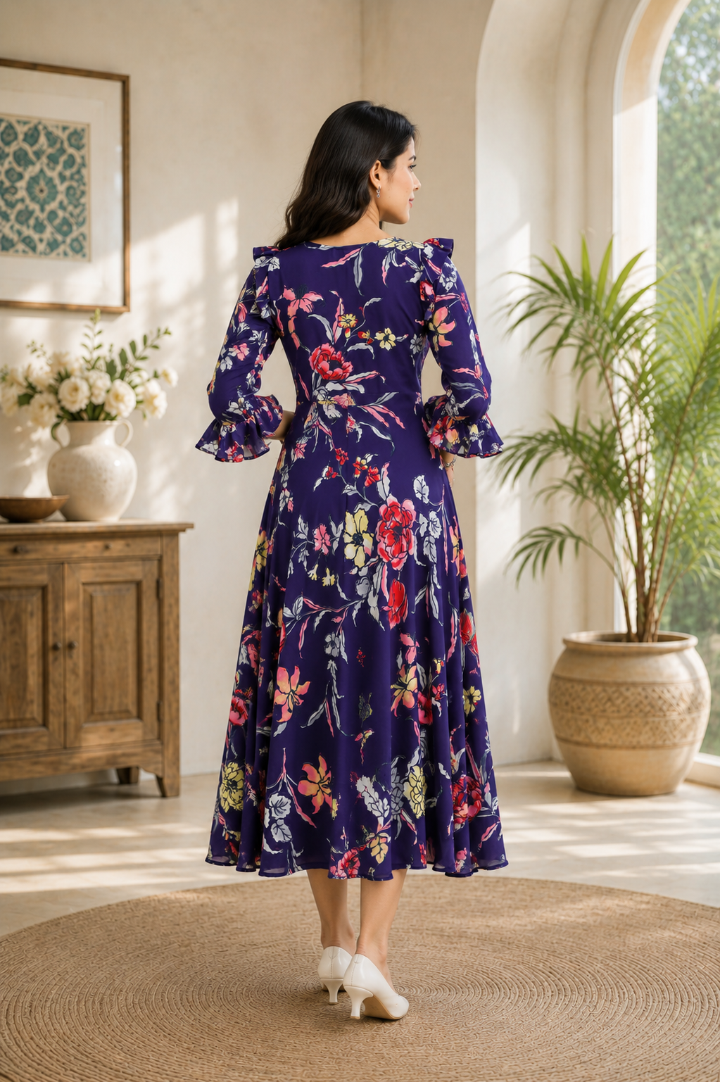 Purple Floral Printed Ruffle Neck Midi Dress for Women