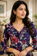 Purple Floral Printed Ruffle Neck Midi Dress for Women