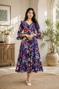 Purple Floral Printed Ruffle Neck Midi Dress for Women