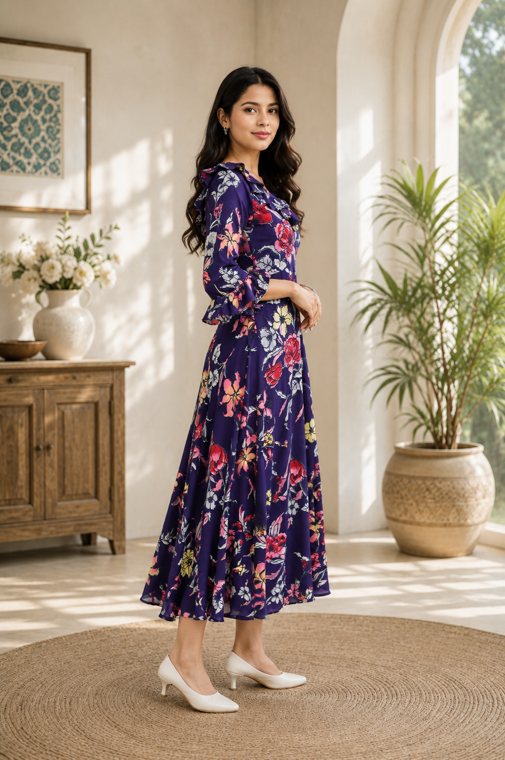 Purple Floral Printed Ruffle Neck Midi Dress for Women