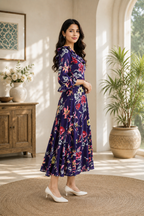 Purple Floral Printed Ruffle Neck Midi Dress for Women