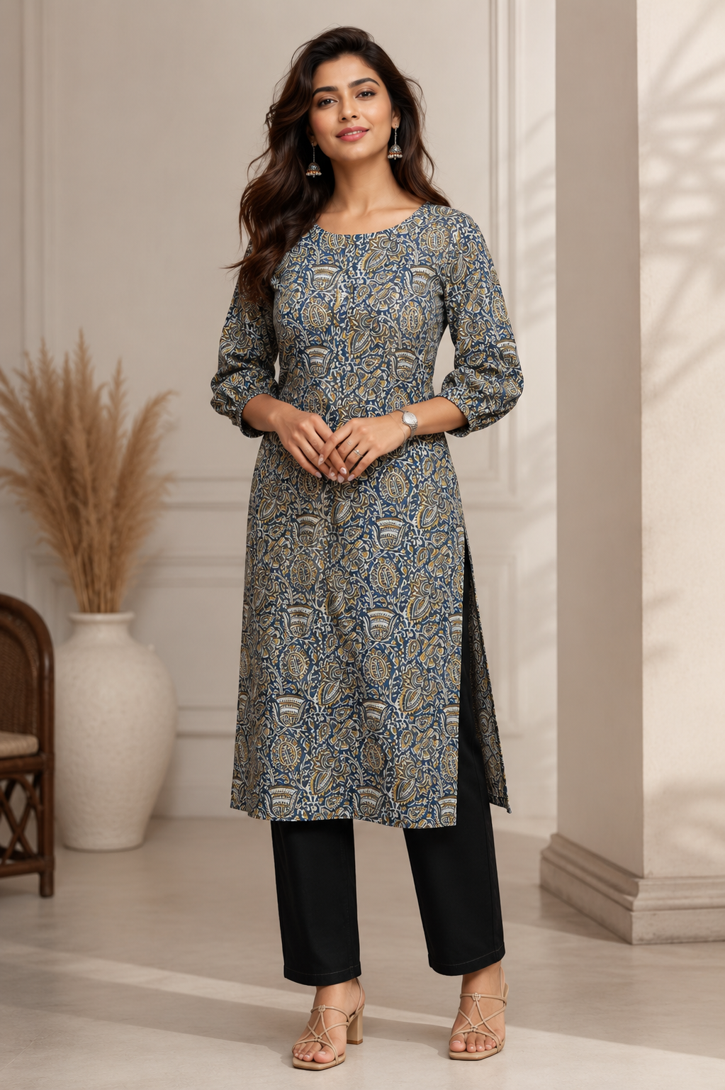 Blue & Mustard Paisley Printed Straight Kurta
