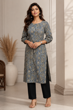 Blue & Mustard Paisley Printed Straight Kurta