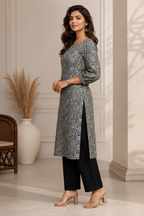 Blue & Mustard Paisley Printed Straight Kurta
