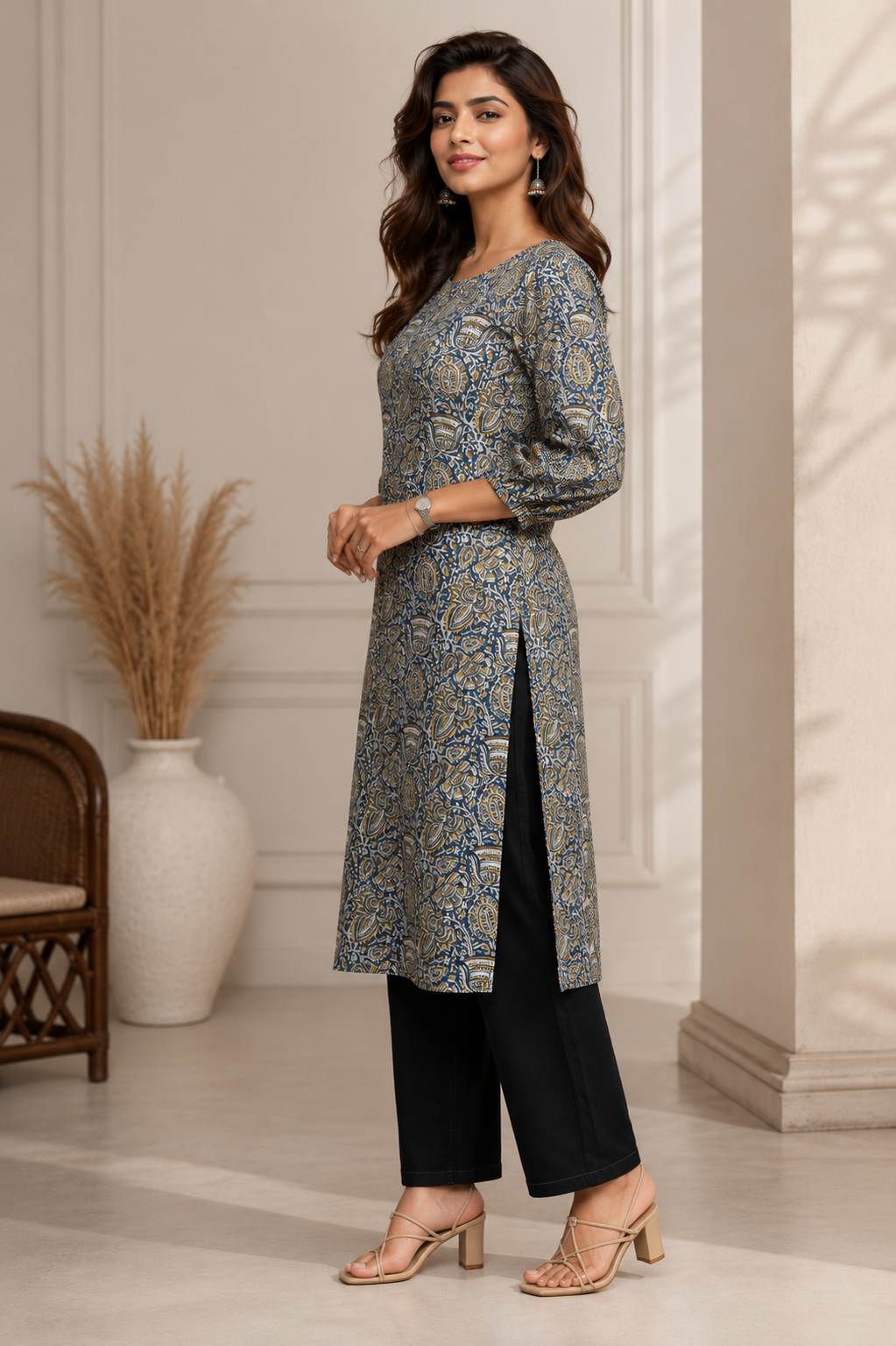 Blue & Mustard Paisley Printed Straight Kurta