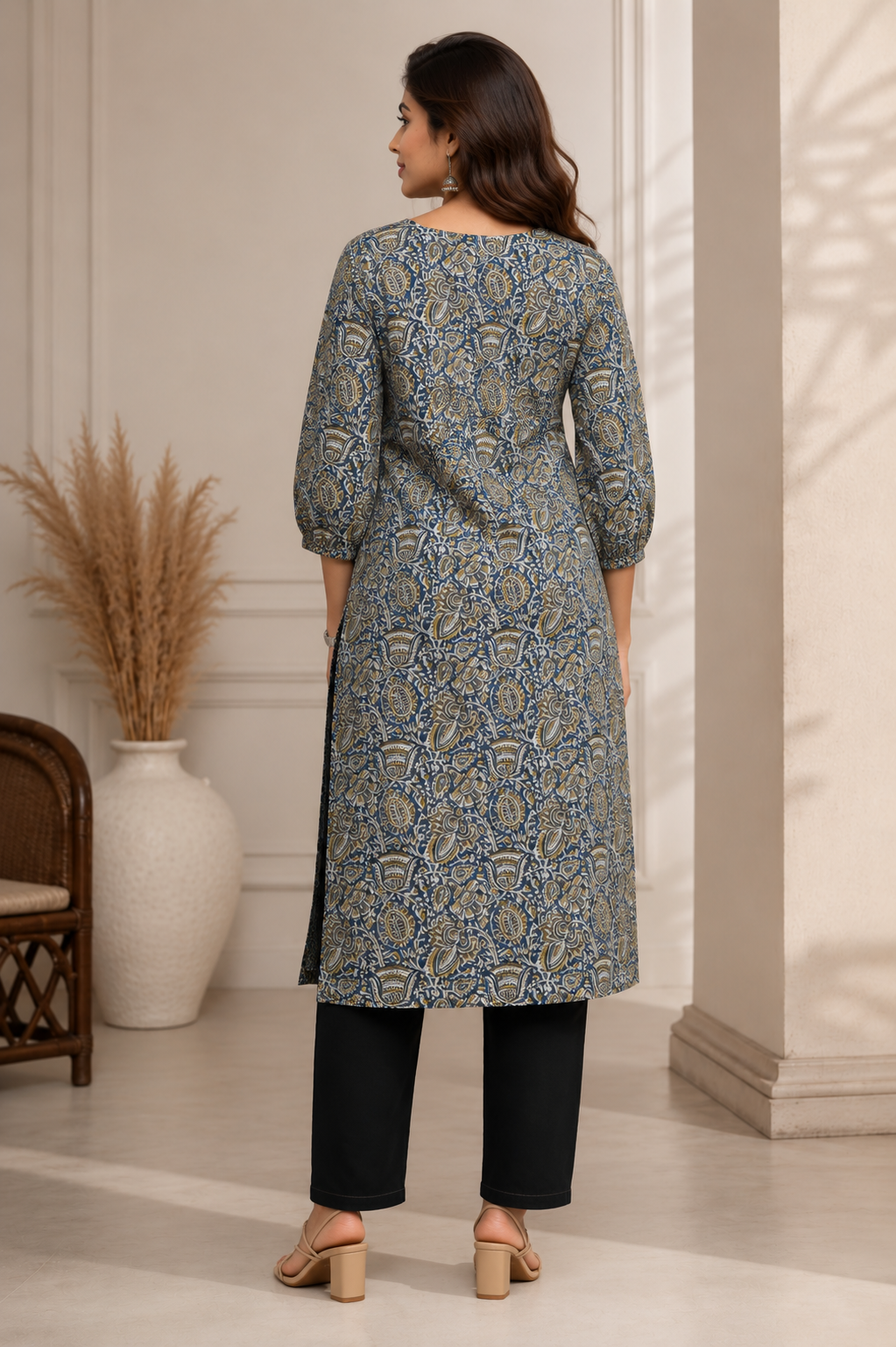 Blue & Mustard Paisley Printed Straight Kurta